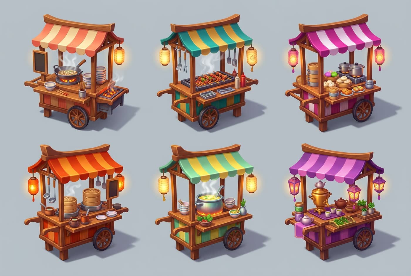 Six stylized food stall carts with different striped awnings